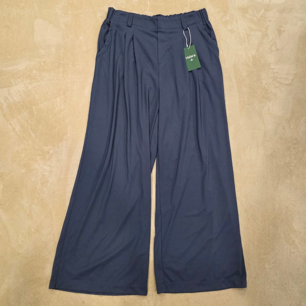 NWT Halara Wide Leg Trousers L Petite Blue Pleated High Waist Pocket Stretch - Picture 1 of 6